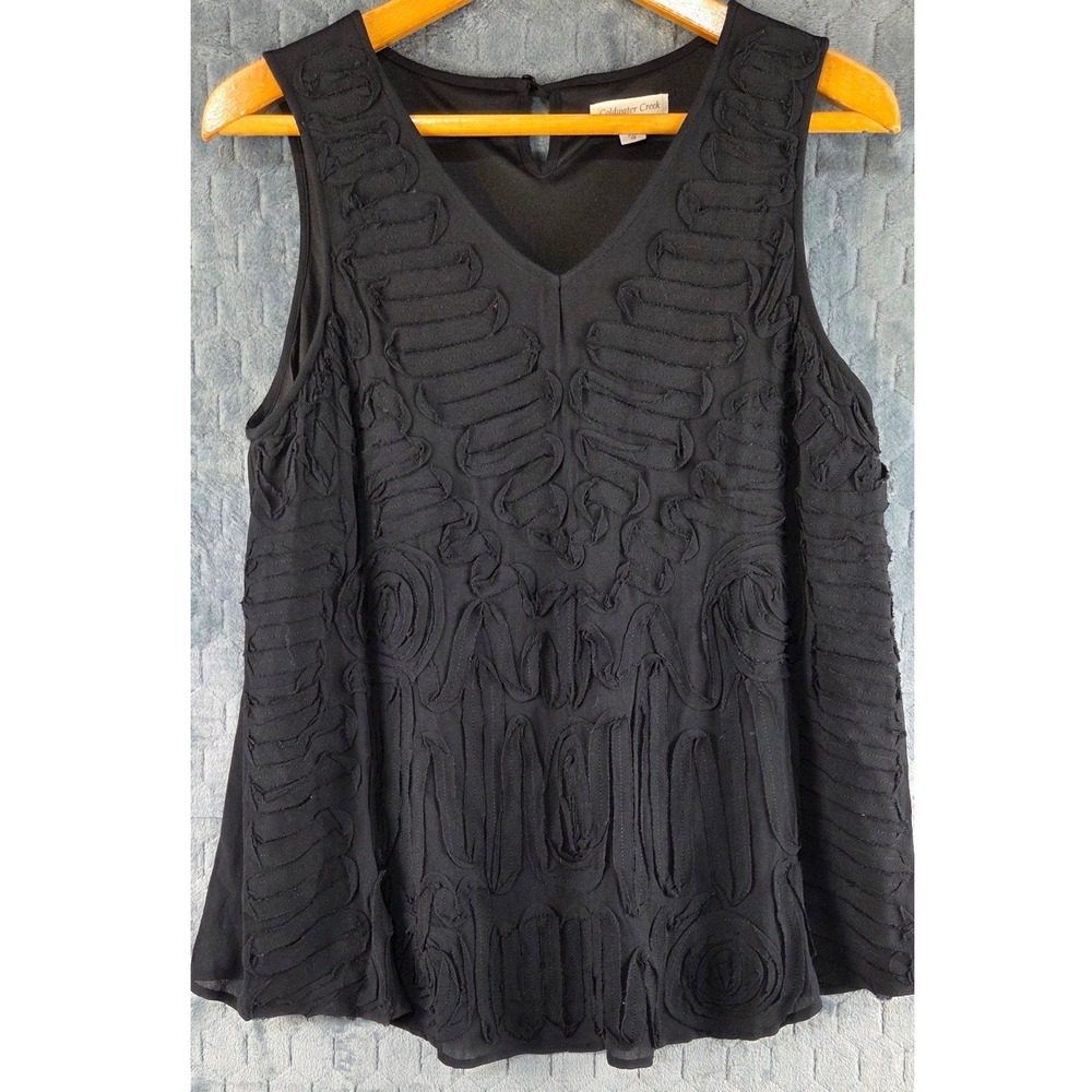 Coldwater Creek Black Ribbon Embroidered V-Neck Sleeveless Blouse‎ PXL 18 Top